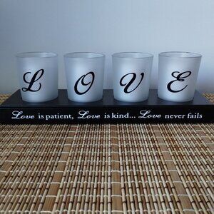 Four Piece Love Glass Candle Holder With Wooden Stand